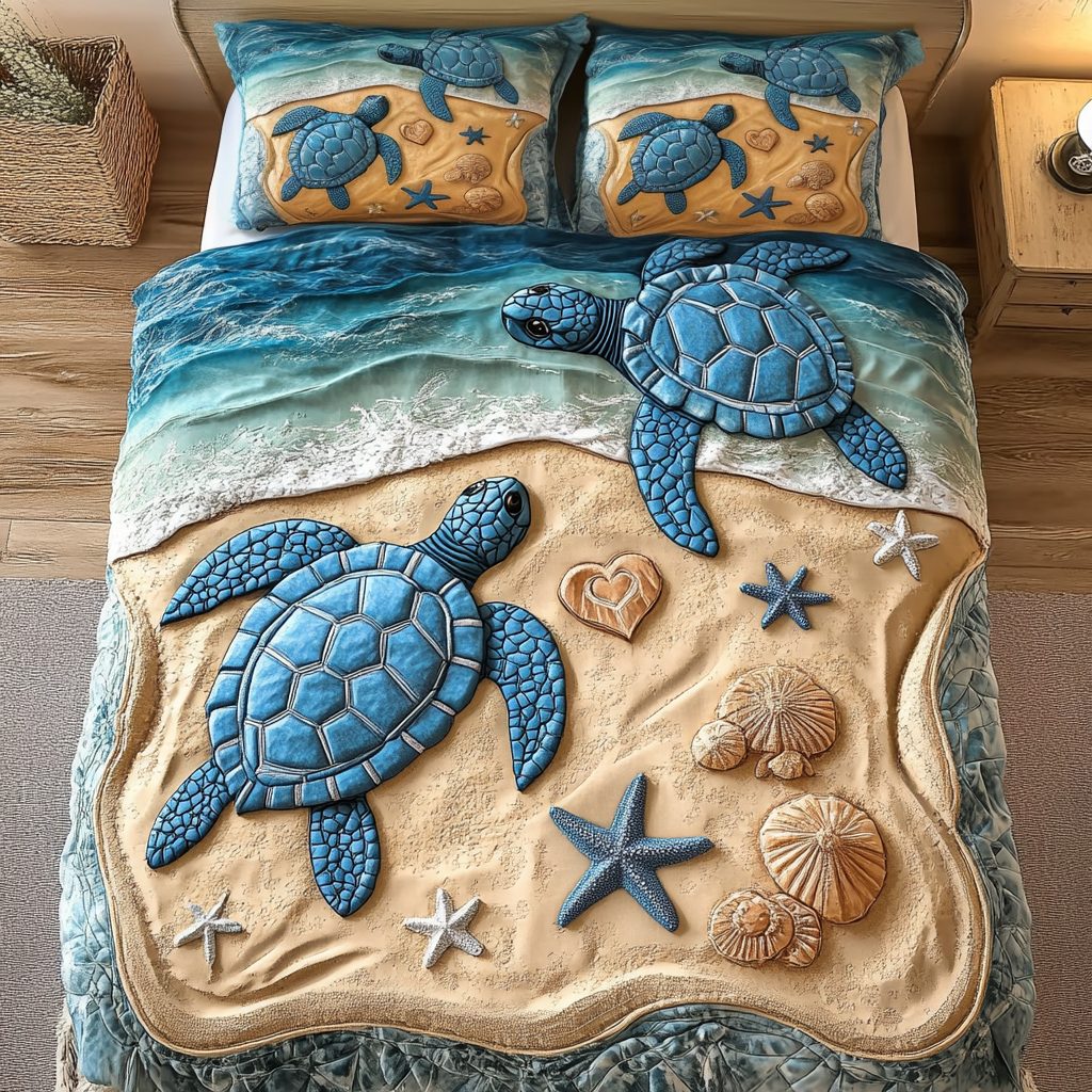 Turtle Shores quilted 3-piece bedding set on a made bed in a light coastal bedroom