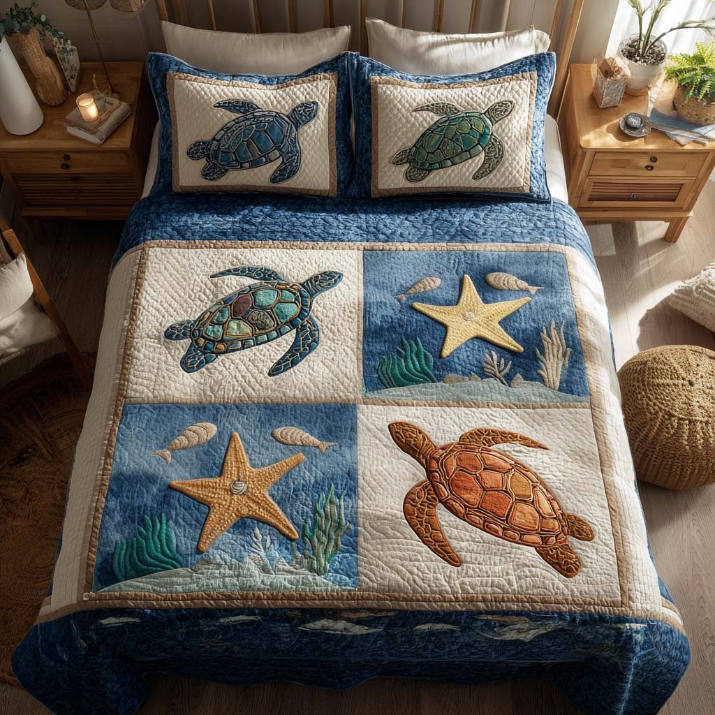 Turtle Shores quilted 3-piece bedding set on a made bed in a light coastal bedroom