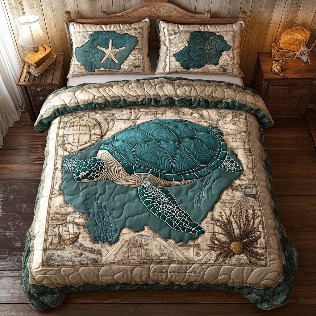 Turtle Spirit quilted 3-piece bedding set on a made bed in a light coastal bedroom