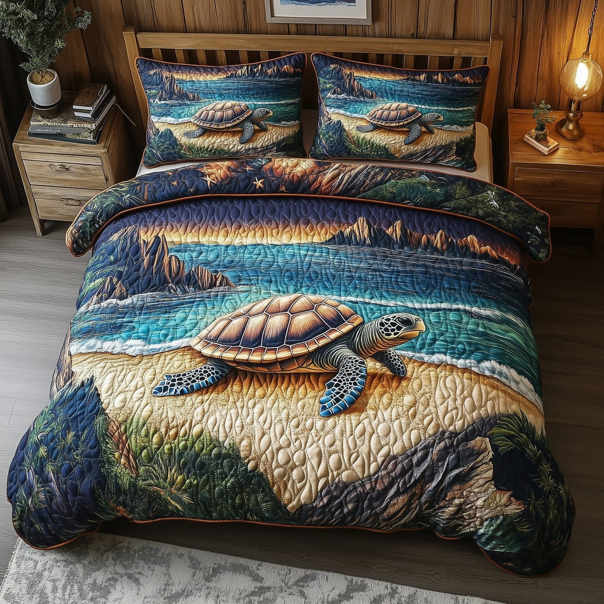 Turtle Sunset Walk quilted 3-piece bedding set on a made bed in a light coastal bedroom