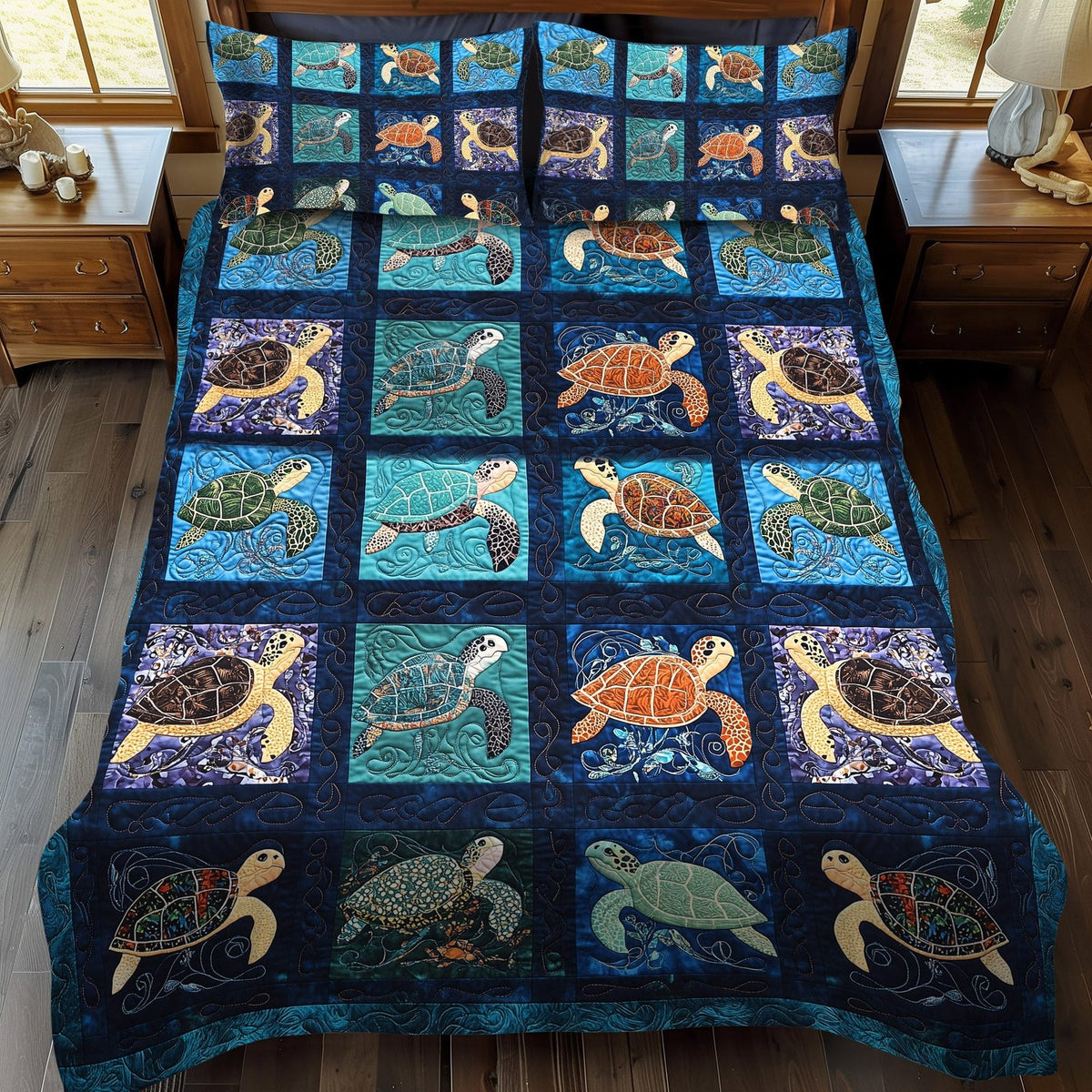 Turtle Tide Calm quilted 3-piece bedding set on a made bed in a light coastal bedroom
