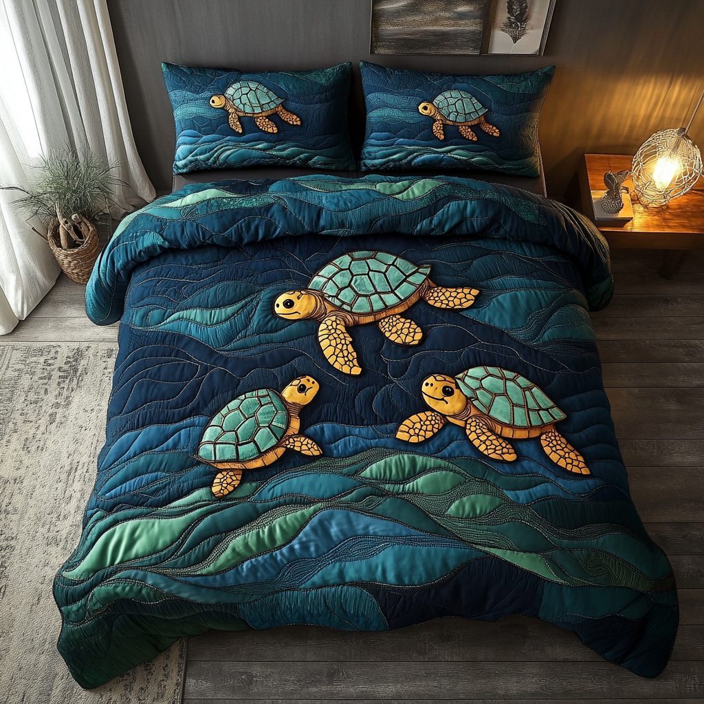 Turtle Tide quilted 3-piece bedding set on a made bed in a light coastal bedroom