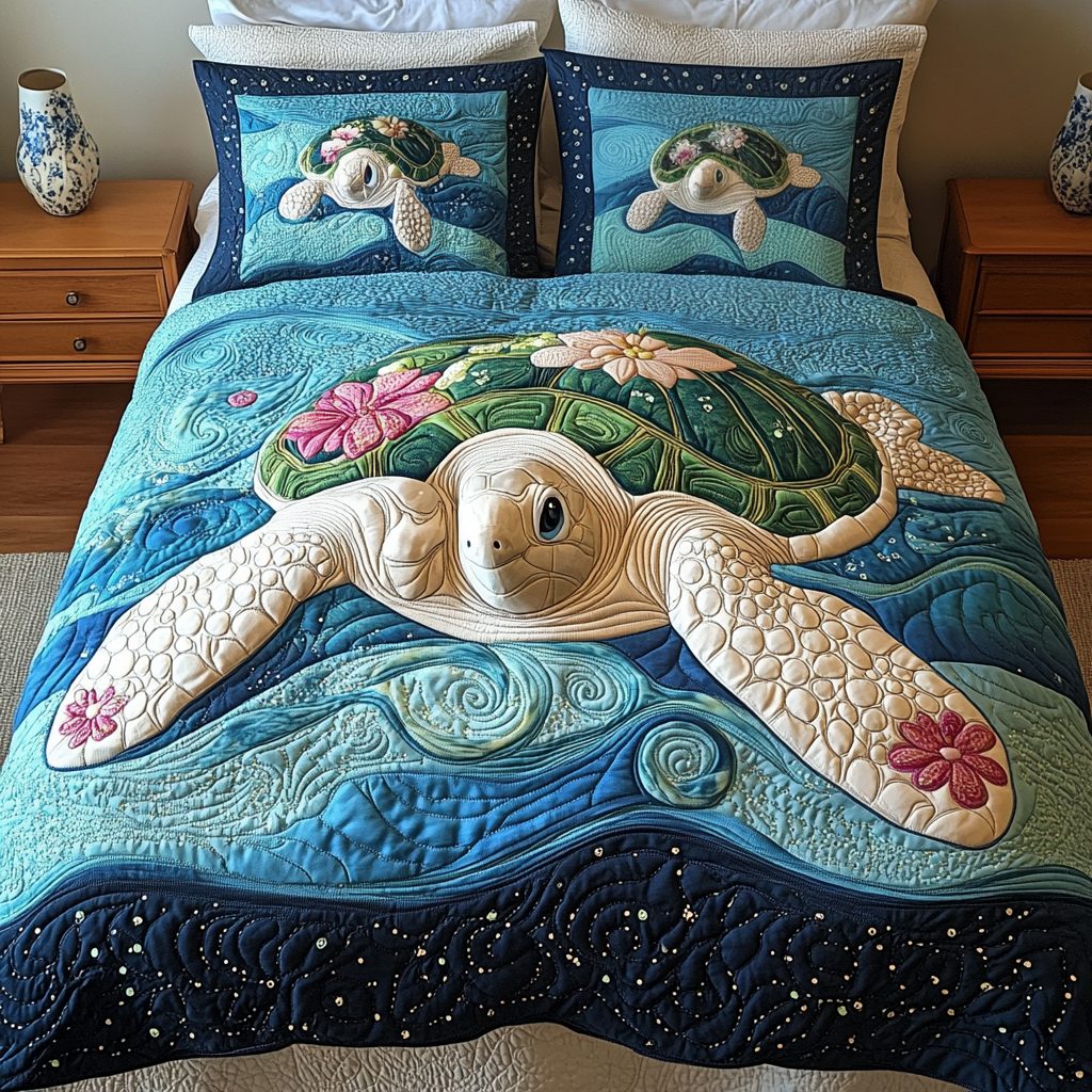 Turtle Tides quilted 3-piece bedding set on a made bed in a light coastal bedroom