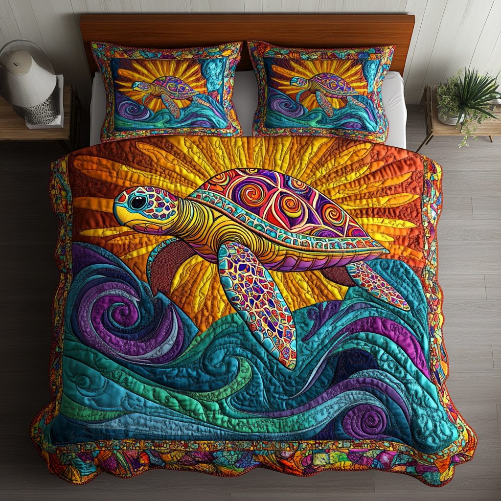 Turtle Tides quilted 3-piece bedding set on a made bed in a light coastal bedroom