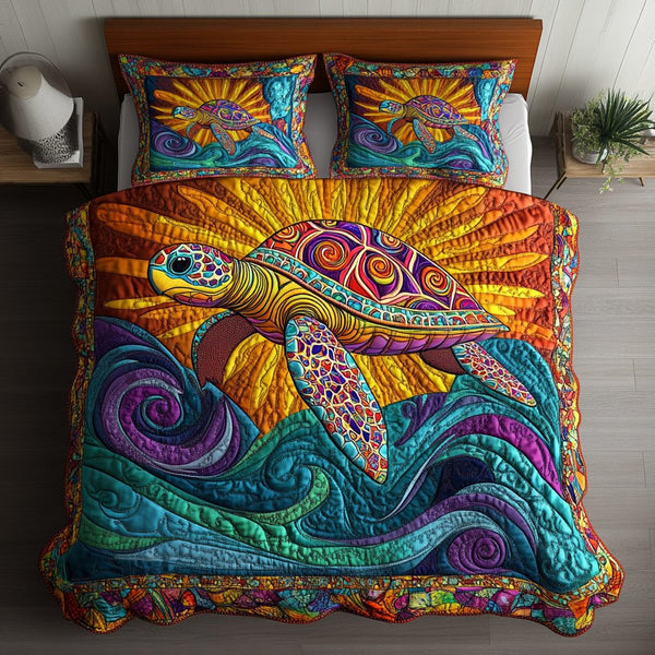 Turtle Tides quilted 3-piece bedding set on a made bed in a light coastal bedroom