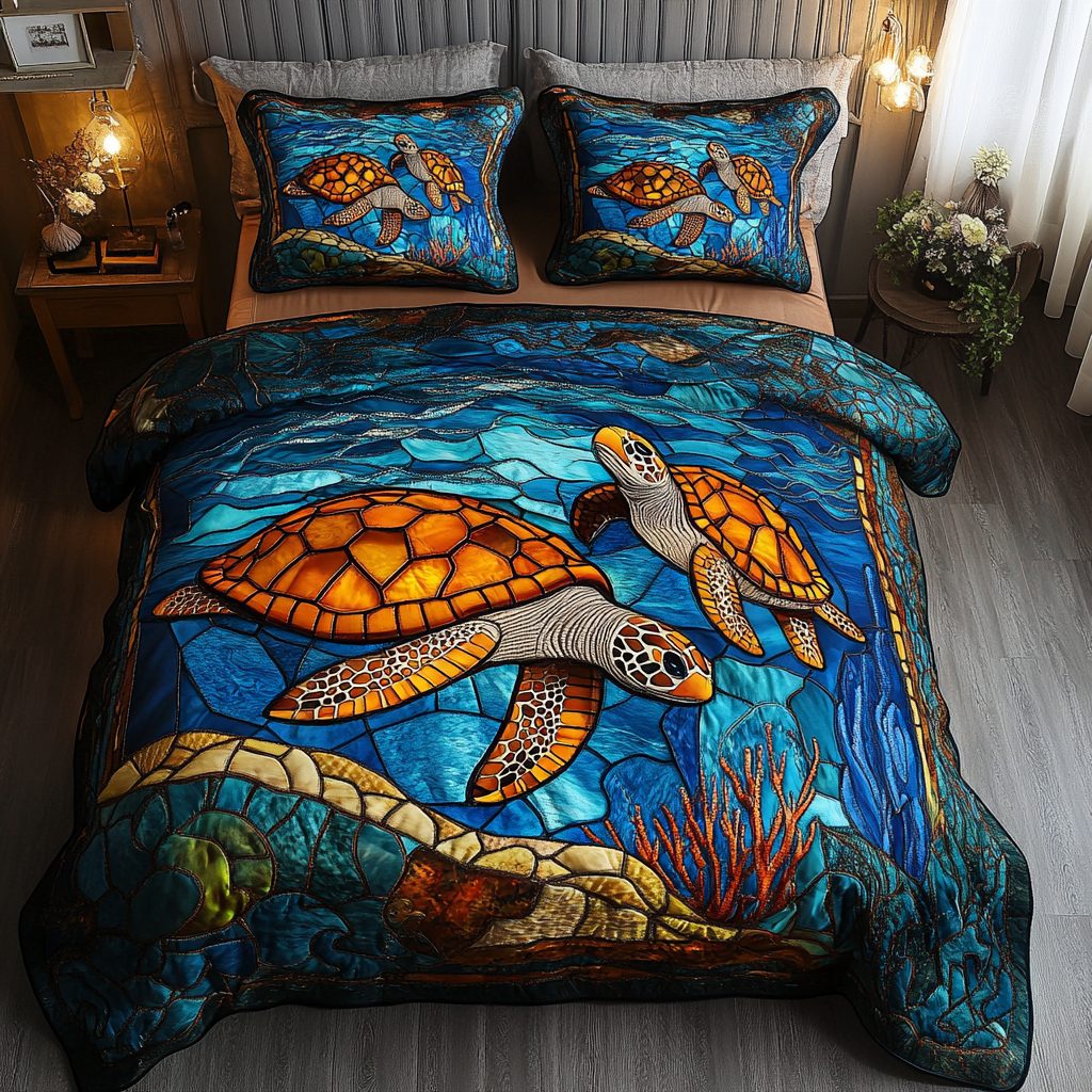 Turtle Tracks quilted 3-piece bedding set on a made bed in a light coastal bedroom