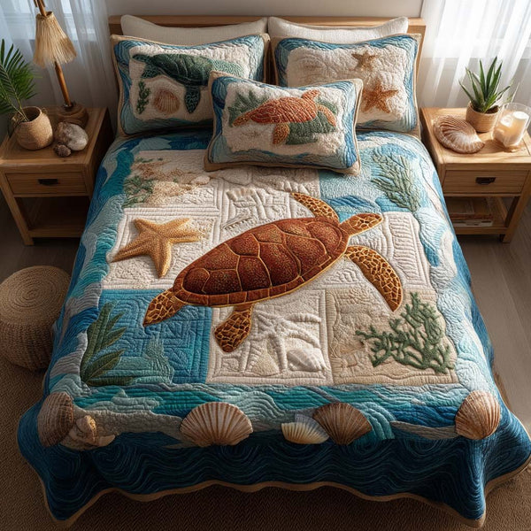 Turtle Tranquility quilted 3-piece bedding set on a made bed in a light coastal bedroom