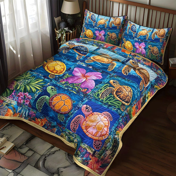 Turtle Tranquility quilted 3-piece bedding set on a made bed in a light coastal bedroom