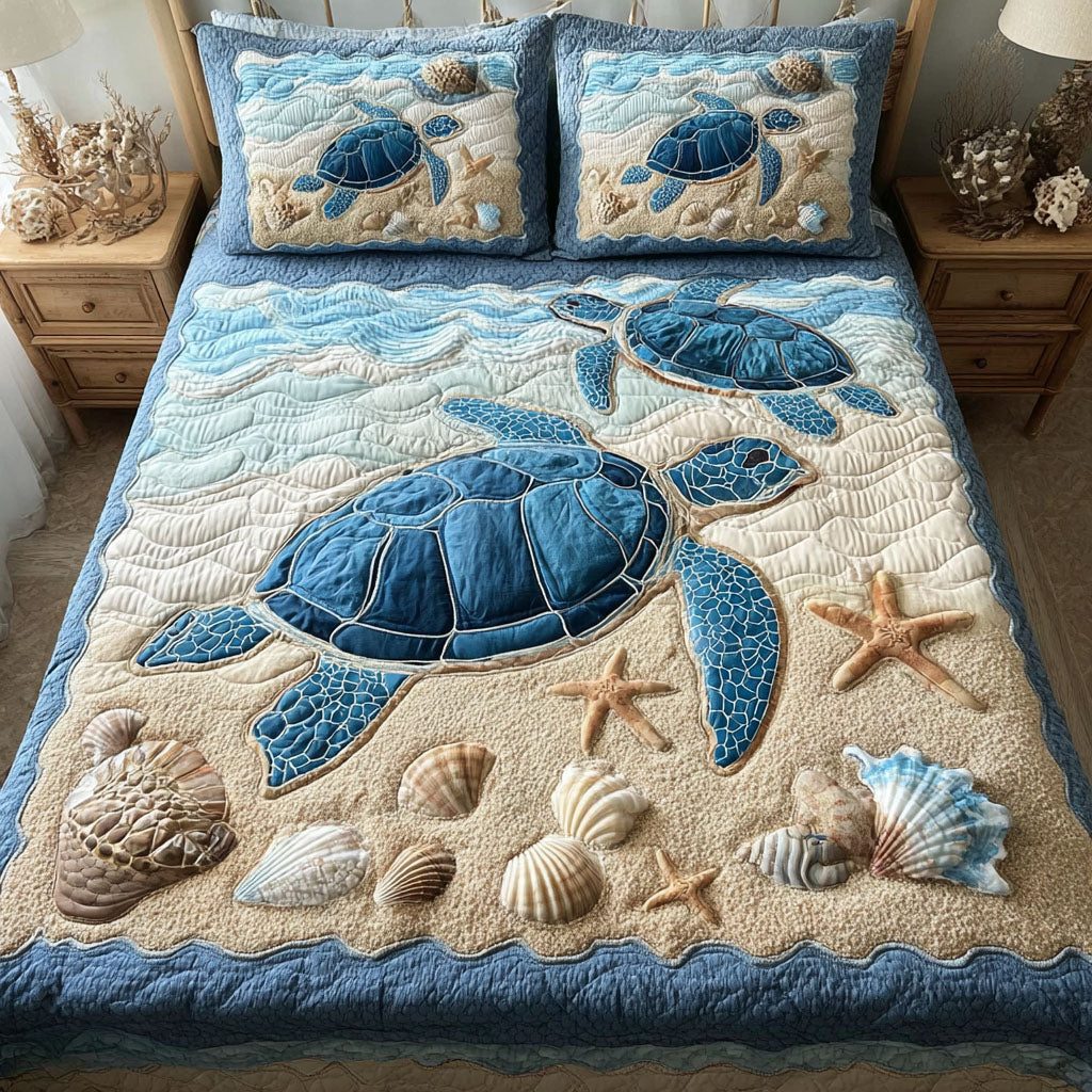 Turtle Waves quilted 3-piece bedding set on a made bed in a light coastal bedroom