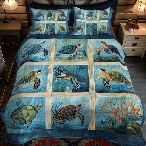 Turtle Whisper quilted 3-piece bedding set on a made bed in a light coastal bedroom
