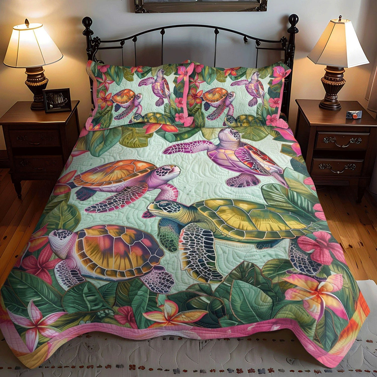 Turtle Whisper quilted 3-piece bedding set on a made bed in a light coastal bedroom