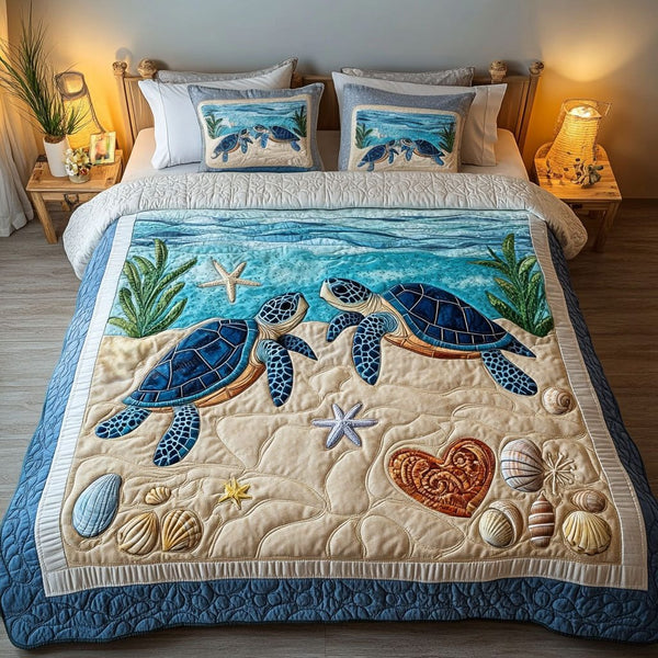 Turtledove Love quilted 3-piece bedding set on a made bed in a light coastal bedroom