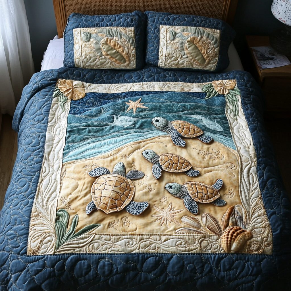 Turtles in Paradise quilted 3-piece bedding set on a made bed in a light coastal bedroom