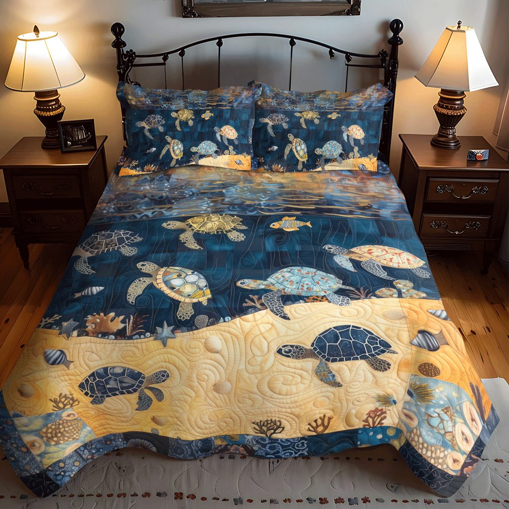 Turtley Night quilted 3-piece bedding set on a made bed in a light coastal bedroom