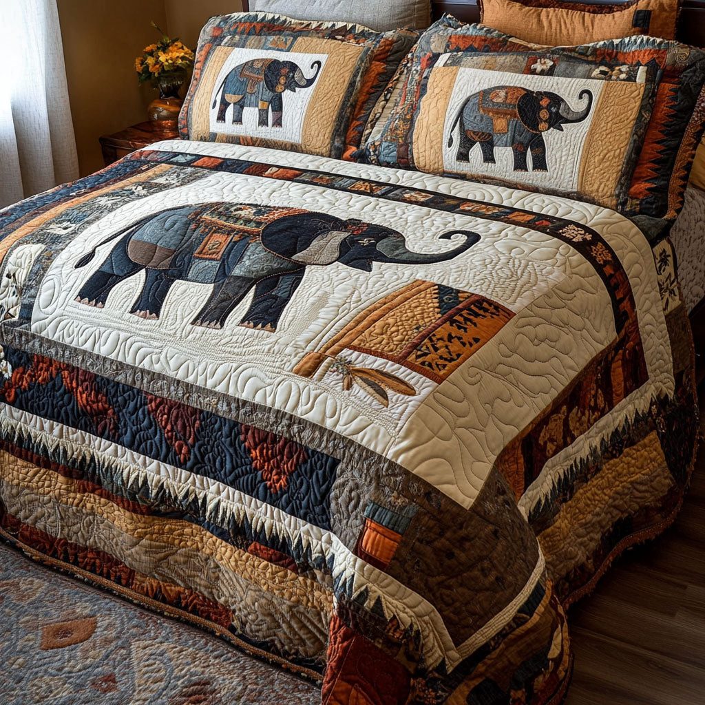 Tusked Warrior quilted 3-piece bedding set on a made bed with two matching pillow shams