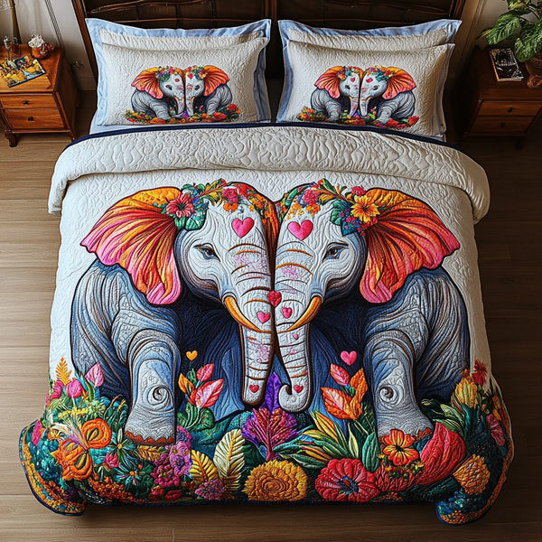 Tusks of Affection quilted 3-piece bedding set on a made bed with two matching pillow shams