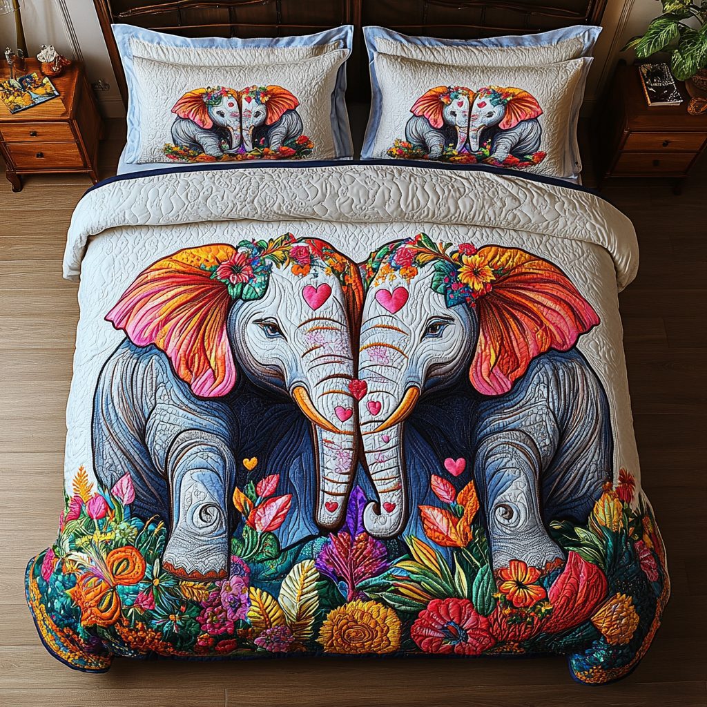 Tusks of Affection quilted 3-piece bedding set on a made bed with two matching pillow shams