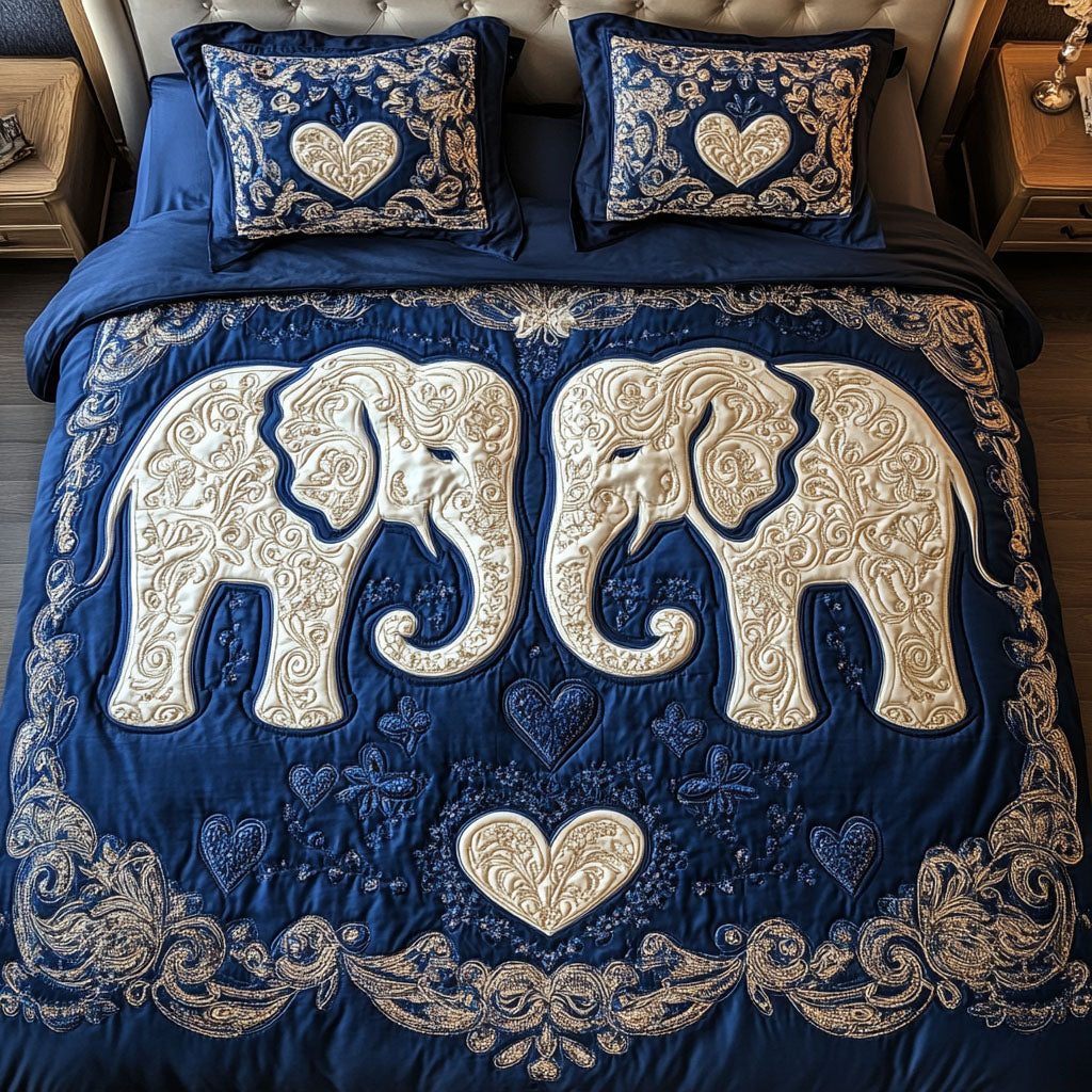 Tusks of Love quilted 3-piece bedding set on a made bed with two matching pillow shams