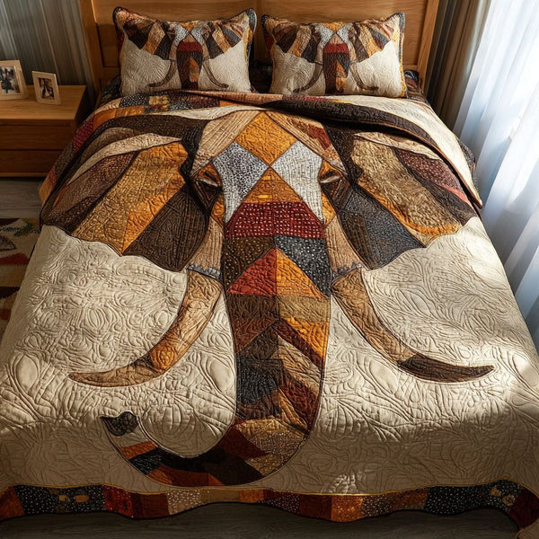 Tusks Tales quilted 3-piece bedding set on a made bed with two matching pillow shams