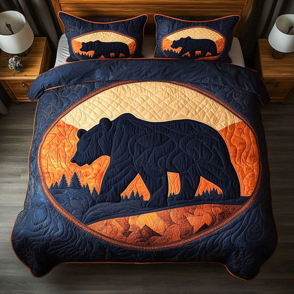 Twilight Bear Landscape quilted 3-piece bedding set on a made bed with two matching pillow shams