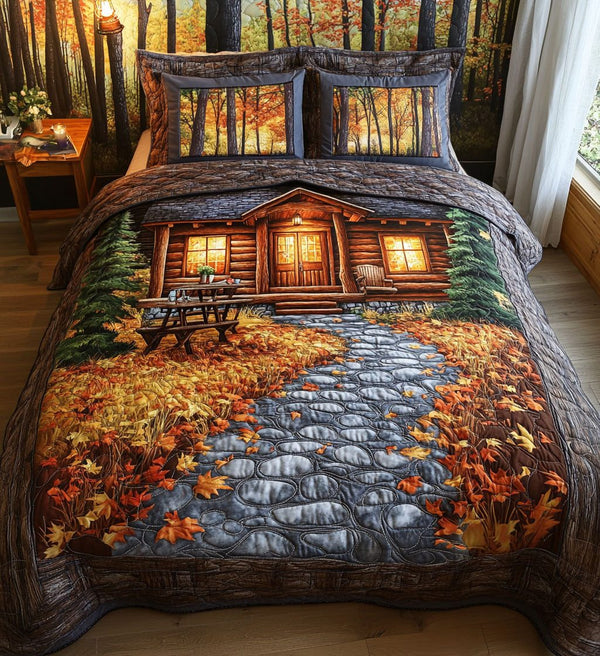 Twilight Cabin quilted 3-piece bedding set on a made bed with two matching pillow shams