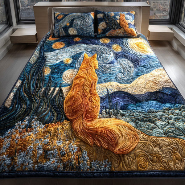 Twilight Cat Swirls quilted 3-piece bedding set on a made bed with two matching pillow shams