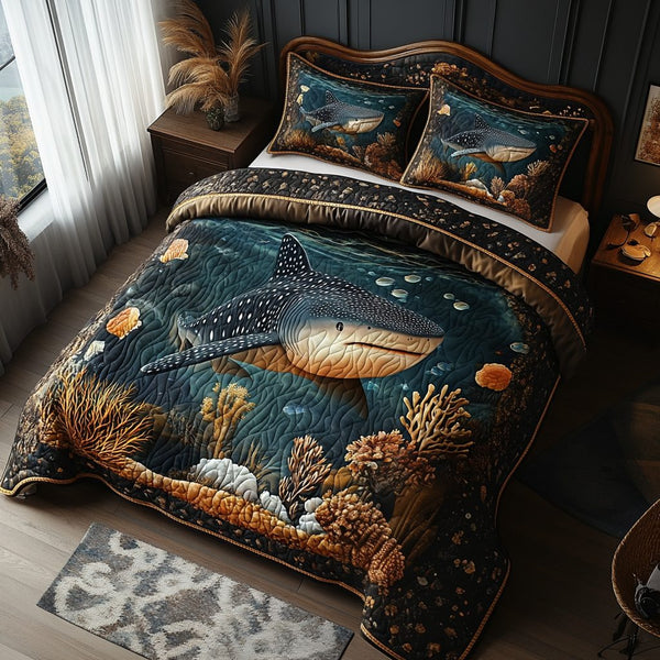 Twilight Current quilted 3-piece bedding set on a made bed with two matching pillow shams