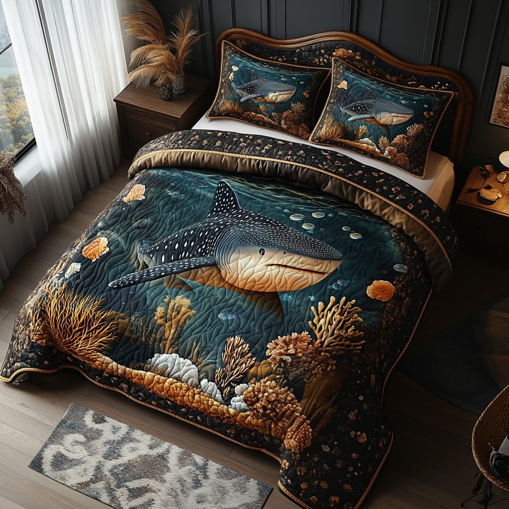 Twilight Current quilted 3-piece bedding set on a made bed with two matching pillow shams