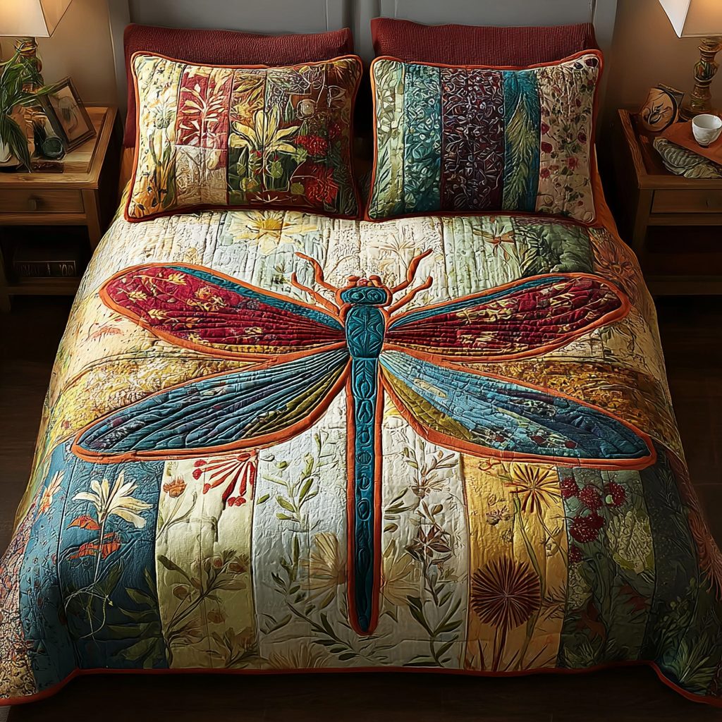 Twilight Drift quilted 3-piece bedding set on a made bed with two matching pillow shams