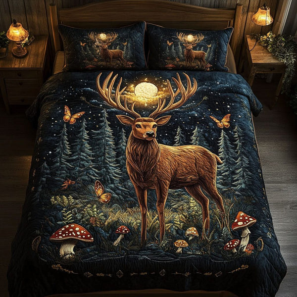 Twilight Elk Bliss quilted 3-piece bedding set on a made bed with two matching pillow shams