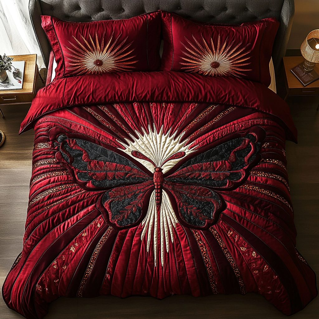 Twilight Flight quilted 3-piece bedding set on a made bed with two matching pillow shams