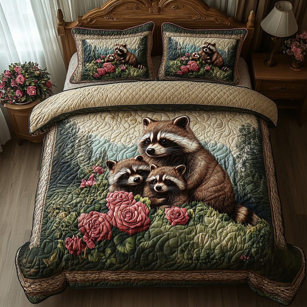 Twilight Forager quilted 3-piece bedding set on a made bed with two matching pillow shams