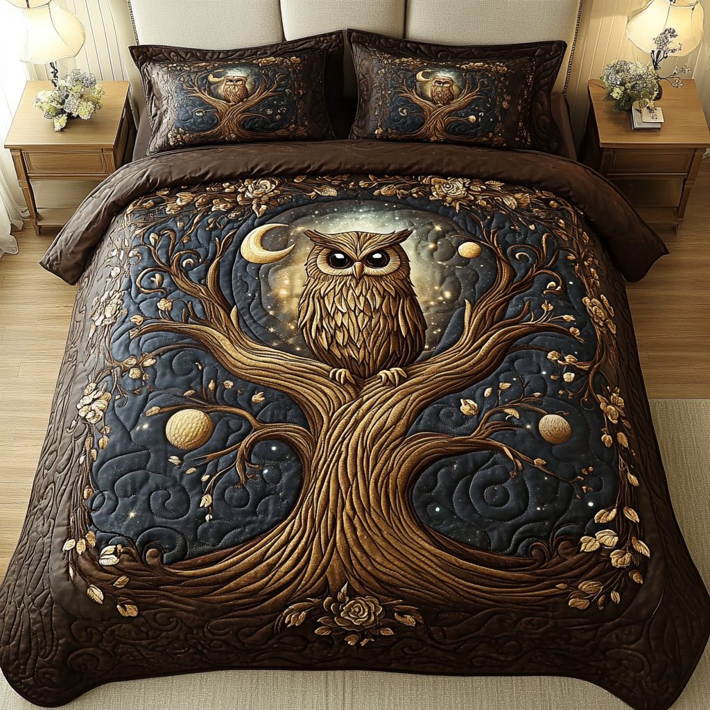 Twilight Gaze quilted 3-piece bedding set on a made bed with two matching pillow shams