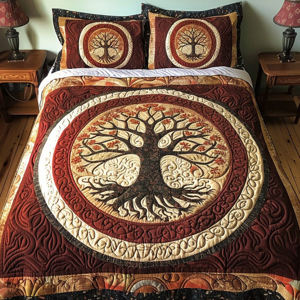 Twilight Grove quilted 3-piece bedding set on a made bed with two matching pillow shams