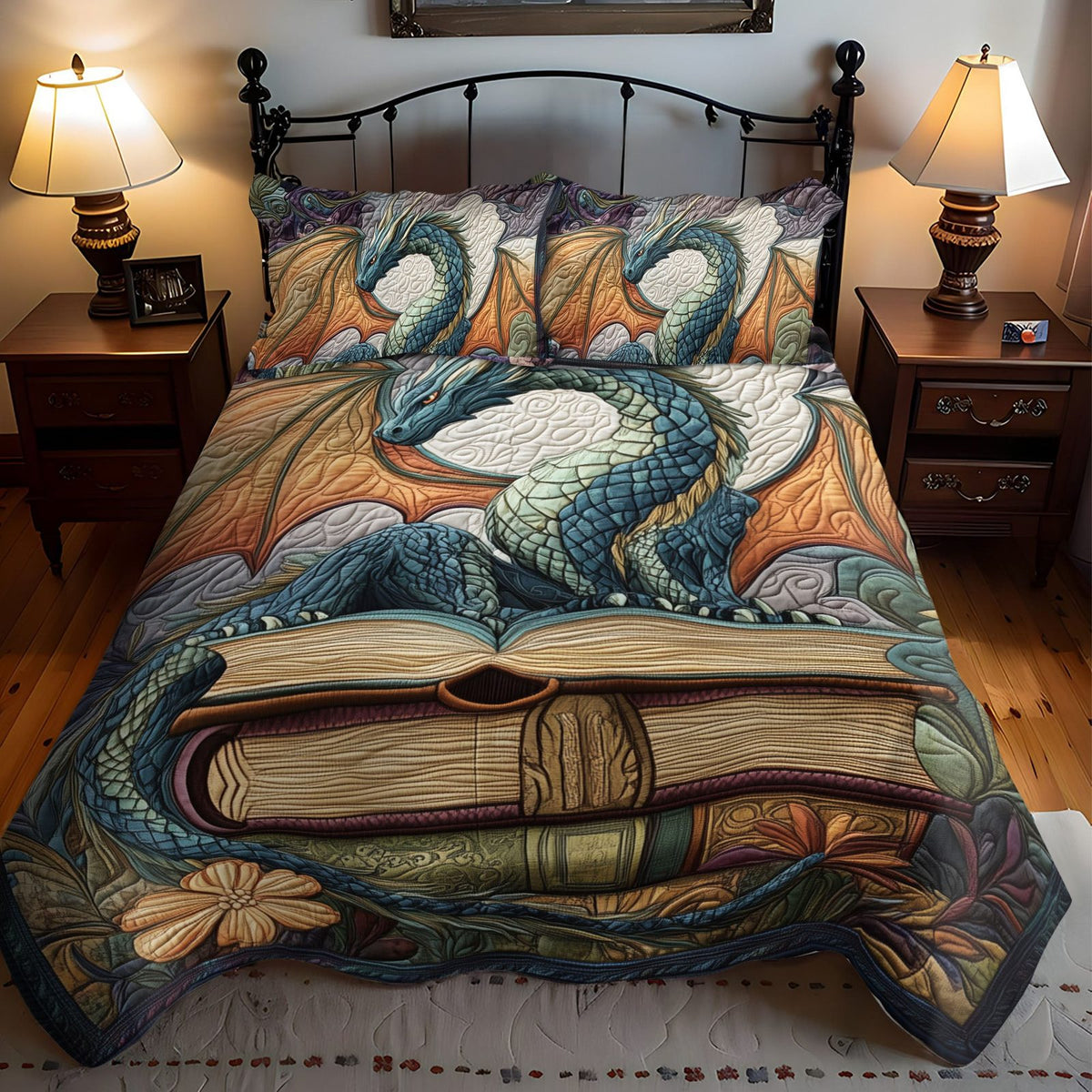 Twilight Guardian quilted 3-piece bedding set on a made bed with two matching pillow shams