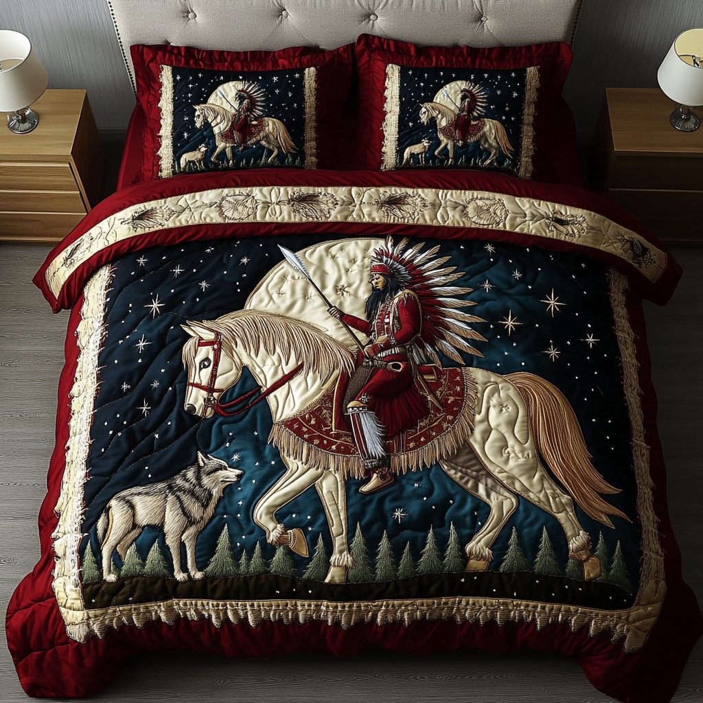 Twilight Journey quilted 3-piece bedding set on a made bed with two matching pillow shams