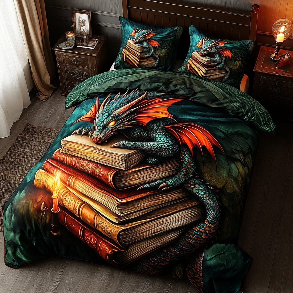 Twilight Keeper quilted 3-piece bedding set on a made bed with two matching pillow shams