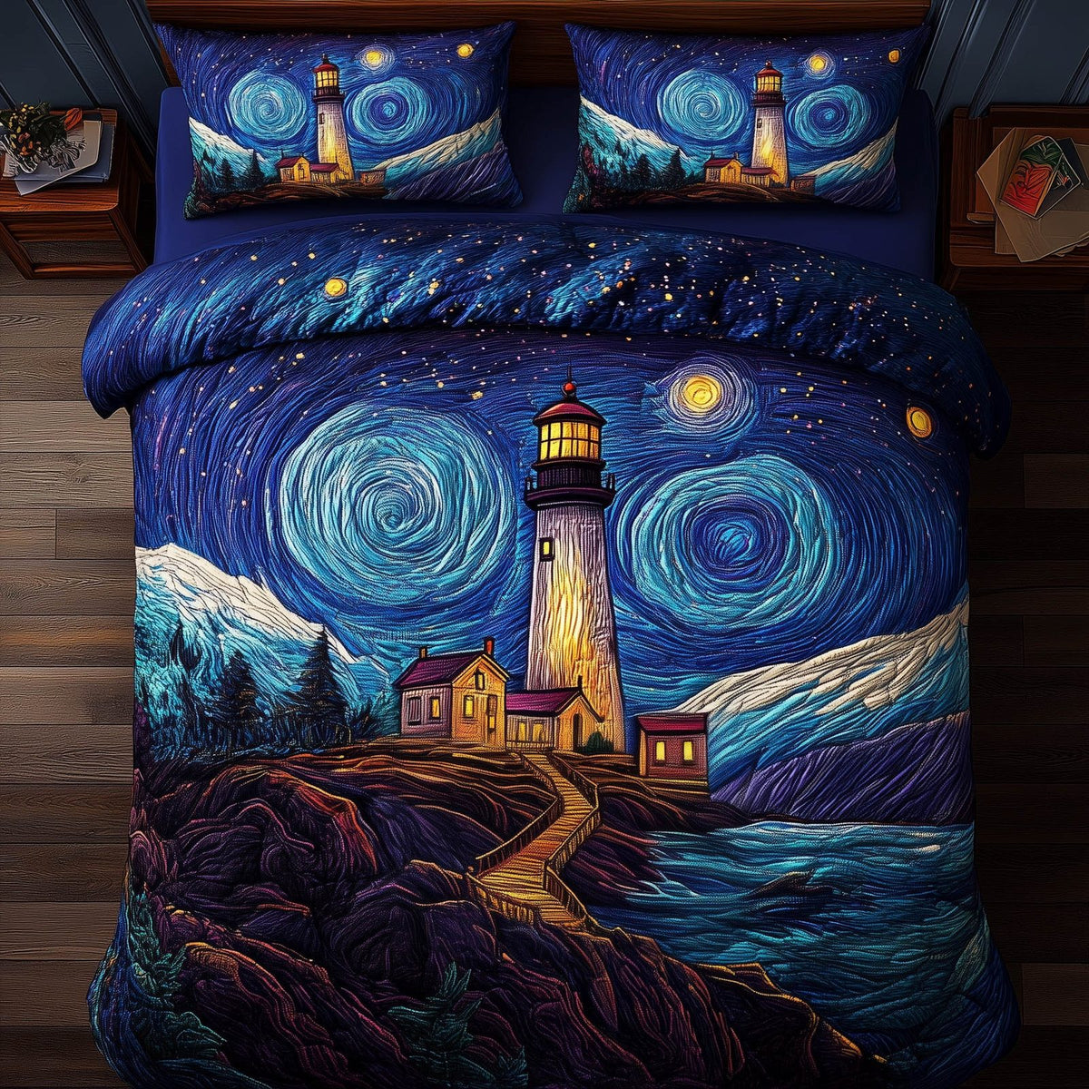 Twilight Lighthouse quilted 3-piece bedding set on a made bed in a light coastal bedroom