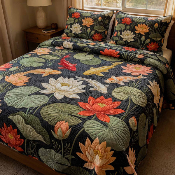 Twilight Lily quilted 3-piece bedding set on a made bed with two matching pillow shams