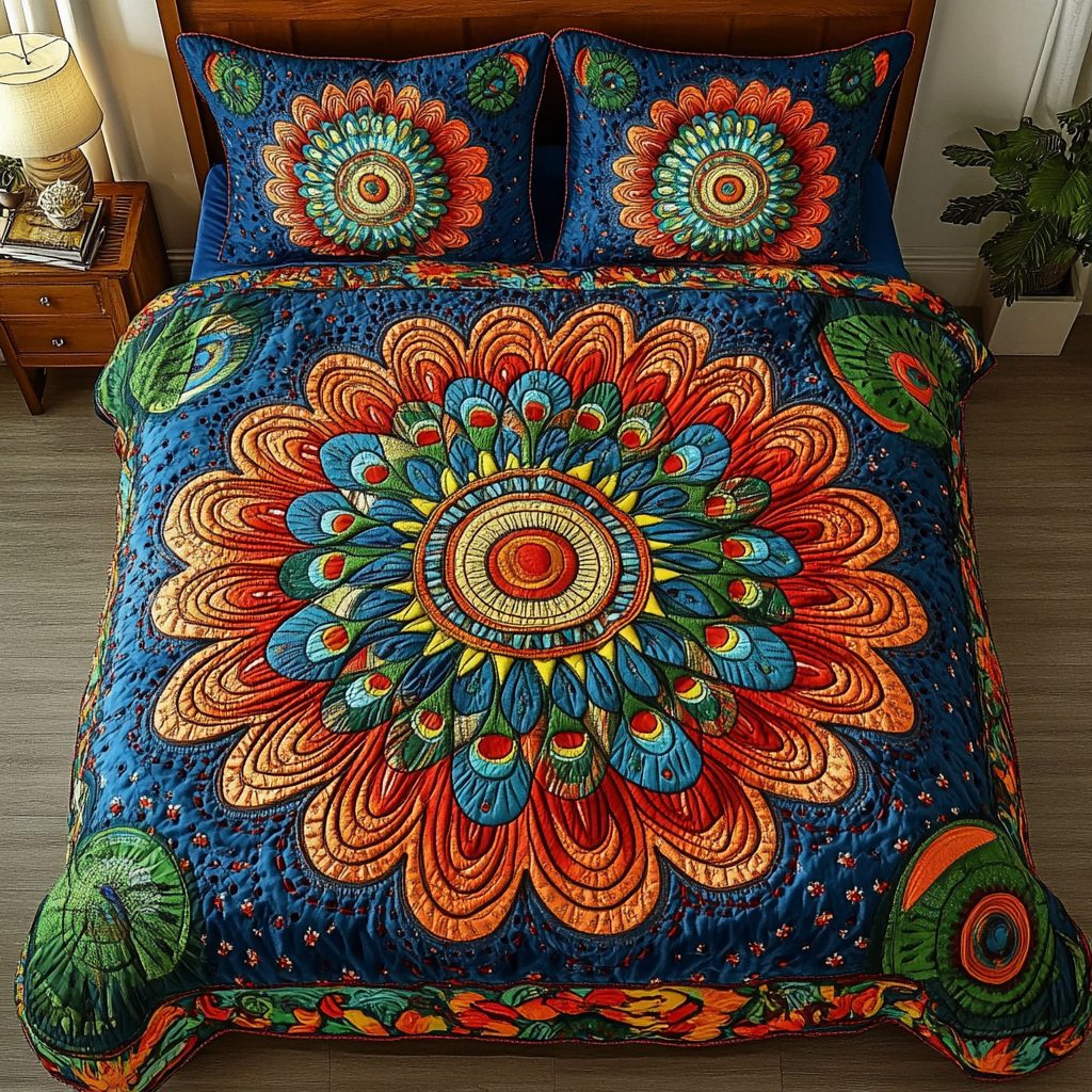Twilight Mandala quilted 3-piece bedding set on a made bed with two matching pillow shams