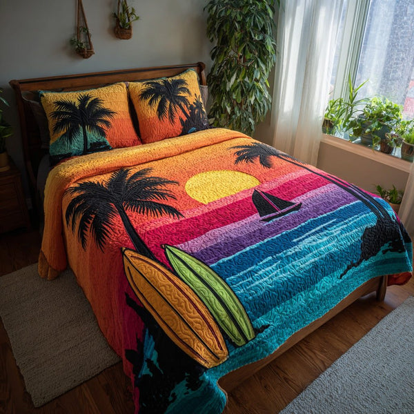 Twilight Sail quilted 3-piece bedding set on a made bed in a light coastal bedroom