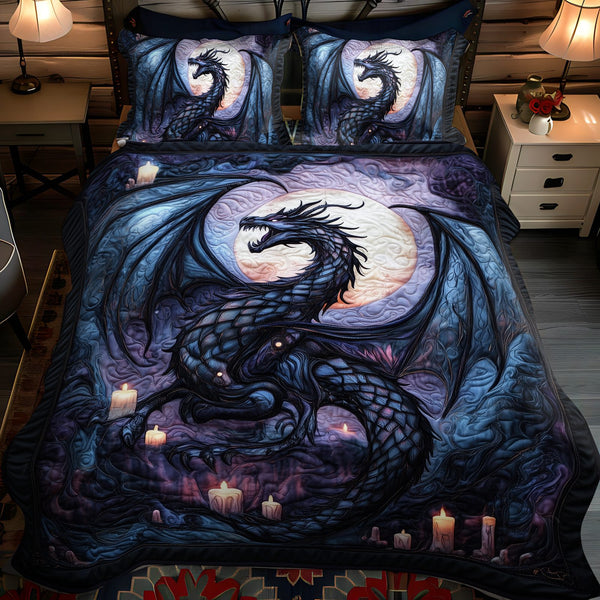 Twilight Serpent quilted 3-piece bedding set on a made bed with two matching pillow shams