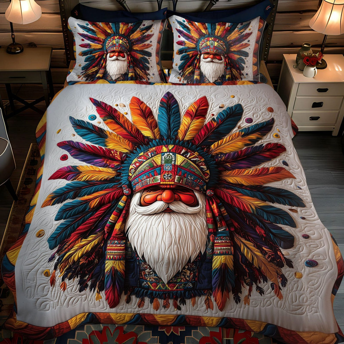 Twilight Spirit Gnome quilted 3-piece bedding set on a made bed in a winter-styled bedroom