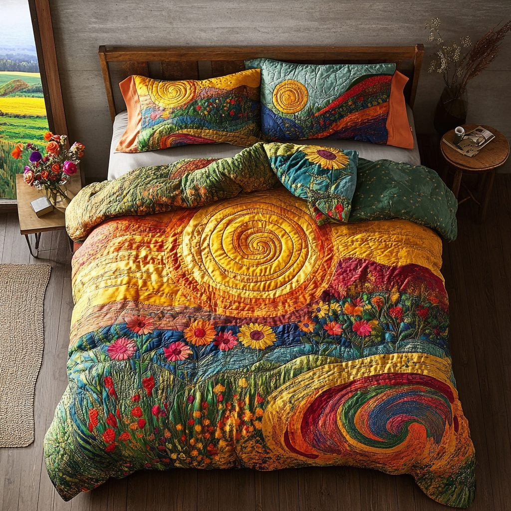 Twilight Sun quilted 3-piece bedding set on a made bed with two matching pillow shams