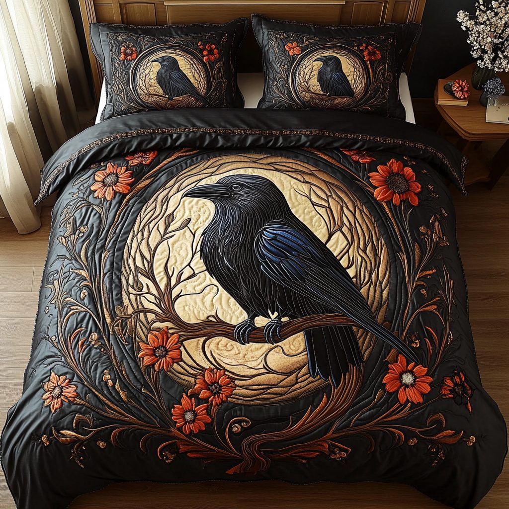 Twilight Wing quilted 3-piece bedding set on a made bed with two matching pillow shams