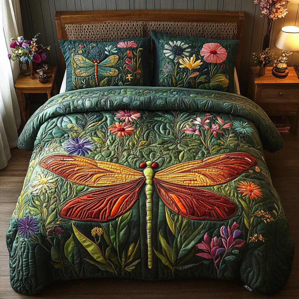 Twilight Wings quilted 3-piece bedding set on a made bed with two matching pillow shams