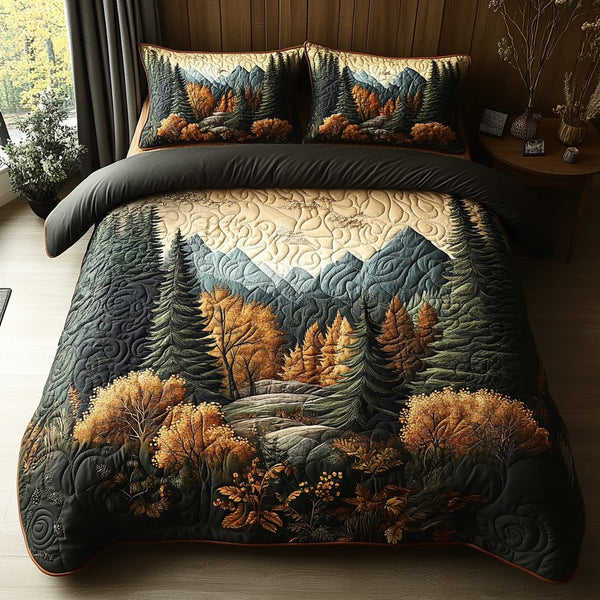 Twilight Woods quilted 3-piece bedding set on a made bed with two matching pillow shams