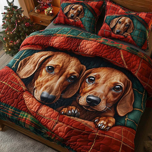 Twin Dachshunds quilted 3-piece bedding set on a made bed with two matching pillow shams