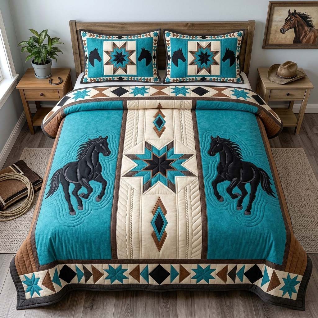 Twin Horse quilted 3-piece bedding set on a made bed in a rustic timber bedroom