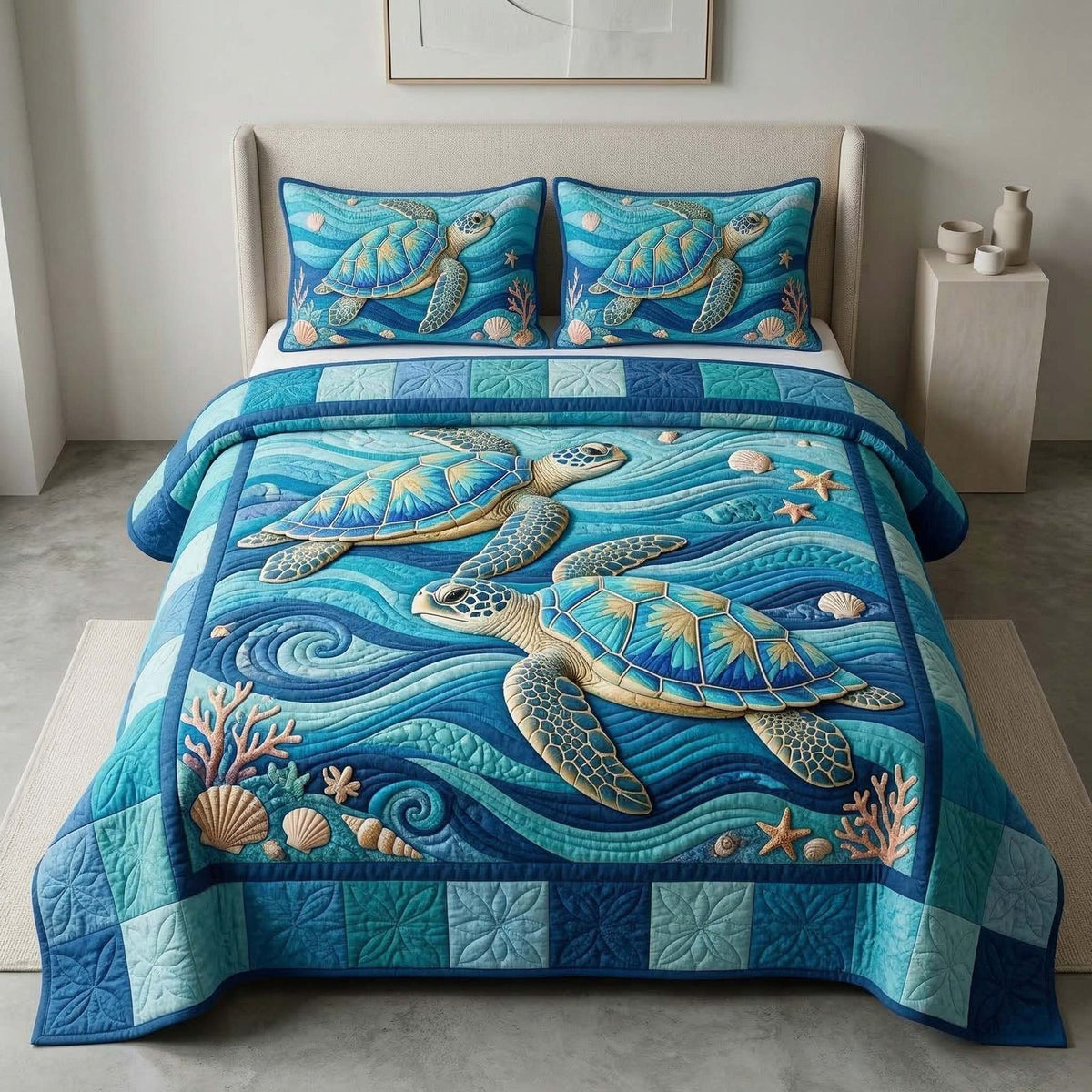 Twin Turtles quilted 3-piece bedding set on a made bed in a light coastal bedroom